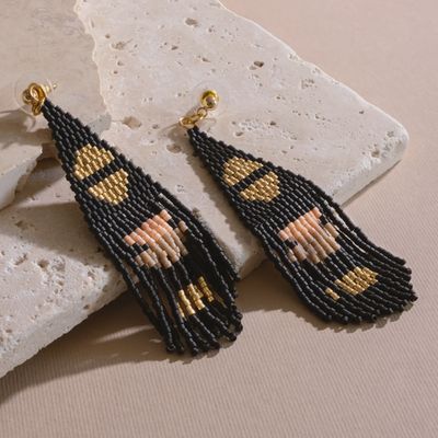 Beaded Handwoven Boho Half Moon Fringe Earrings