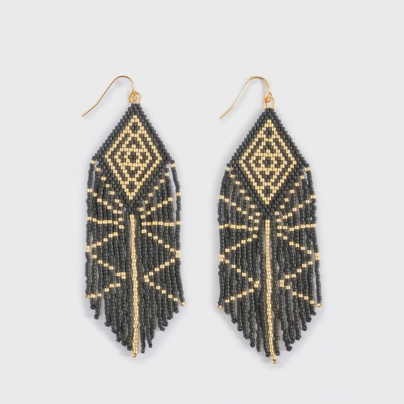 Beaded Handwoven Tribal Diamond Fringe Earrings