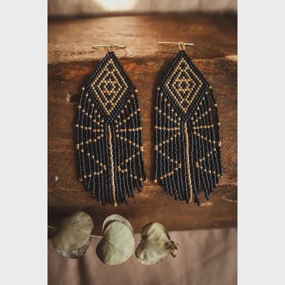 Beaded Handwoven Tribal Diamond Fringe Earrings