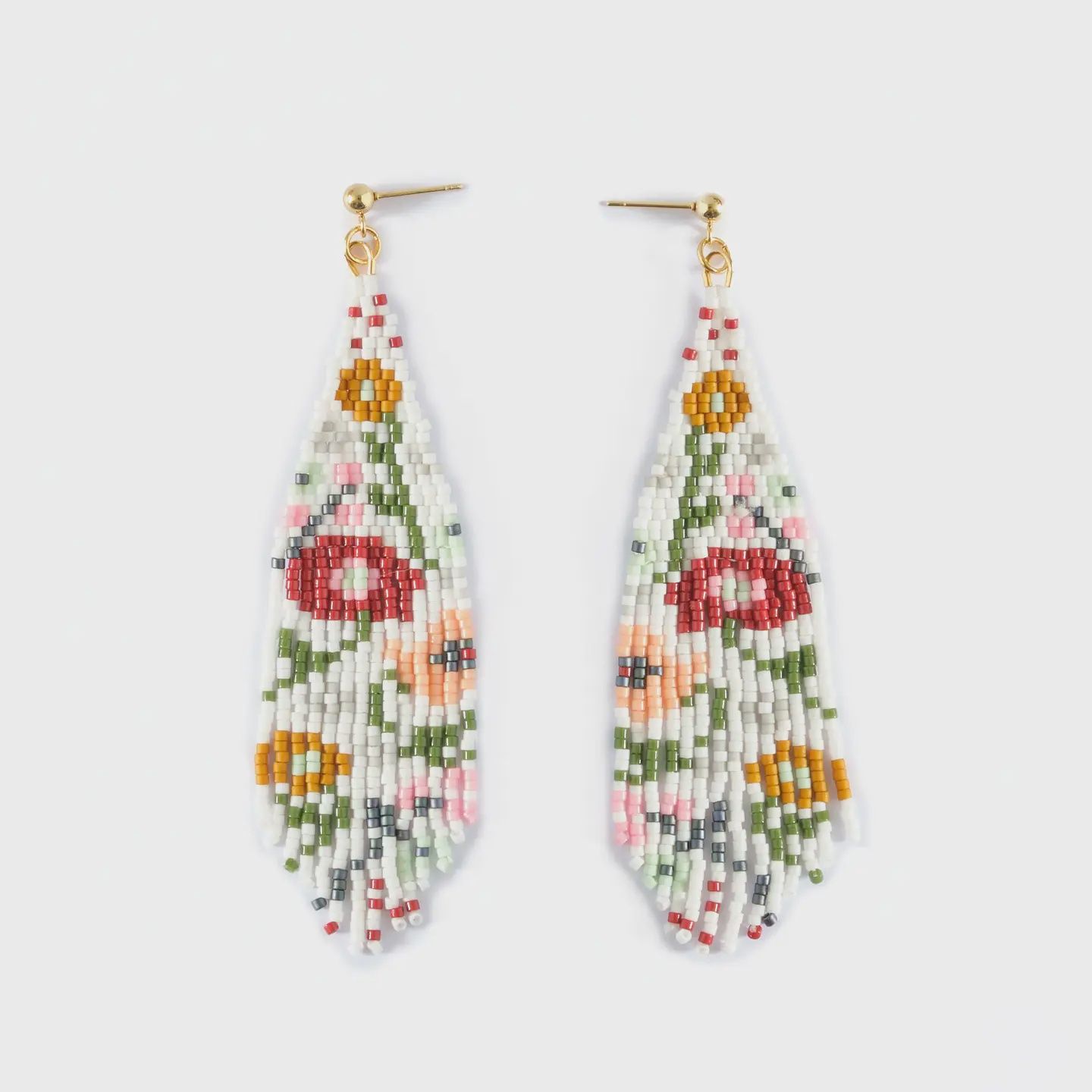 Beaded Handwoven Wildflower Fringe Earrings