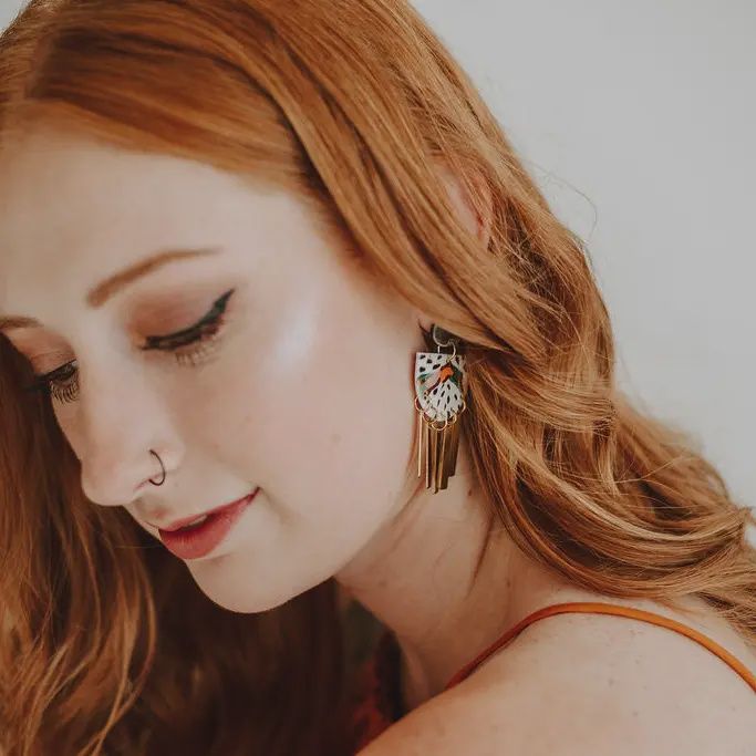 Color Block and Dash Brass Tassel Earrings