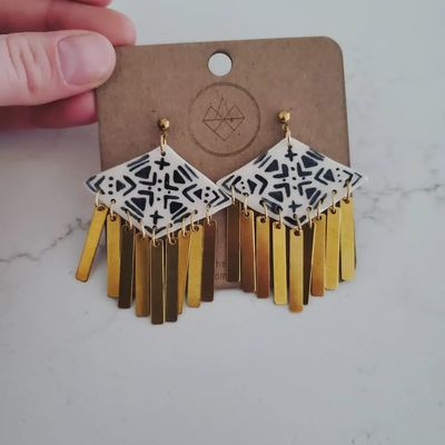 Black and White Diamond Brass Tassl Earrings
