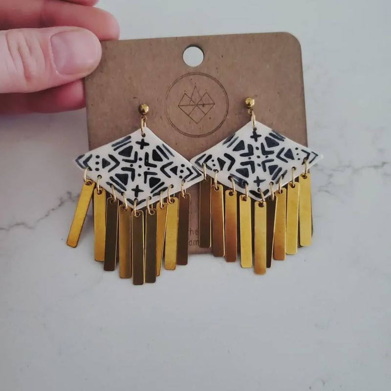 Black and White Diamond Brass Tassl Earrings