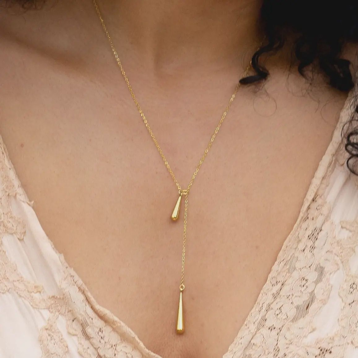 Tear Drop Threader Necklace - 18K Gold Plated
