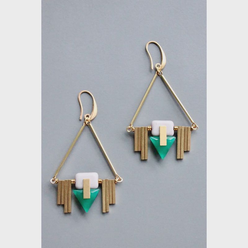 HYLE71 Vintage Green Glass Artdeco Geometric Earrings