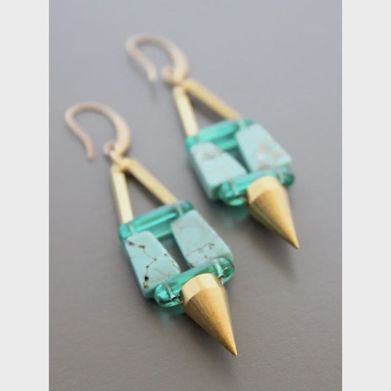 PRSE22 Geometric Turquoise and Green Glass Earrings