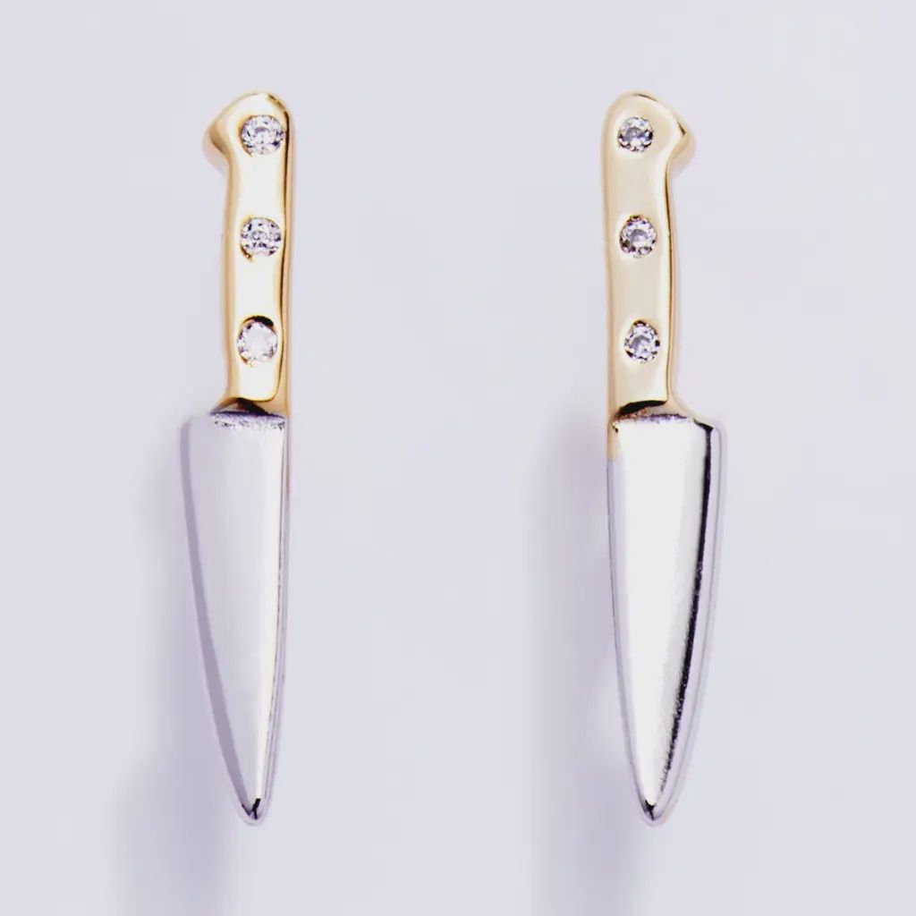 14K Gold Plated &amp; Cz Butcher Knife Stud Earrings
