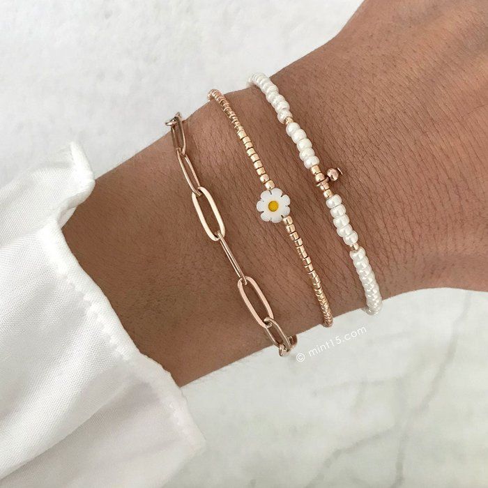 Armbandenset 'Madeliefje & Parel' - ROSÉ GOUD