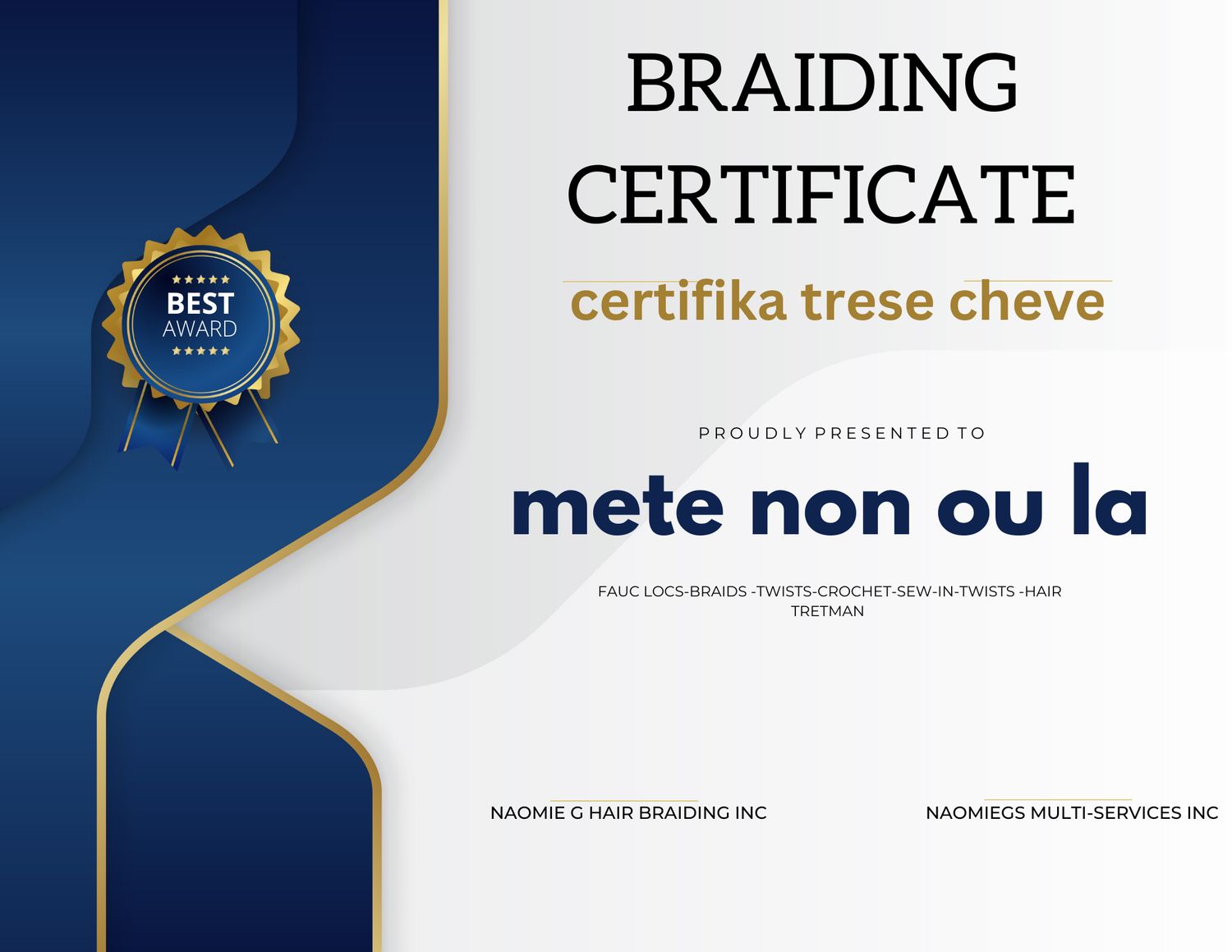 BRAIDING CERTIFICATE