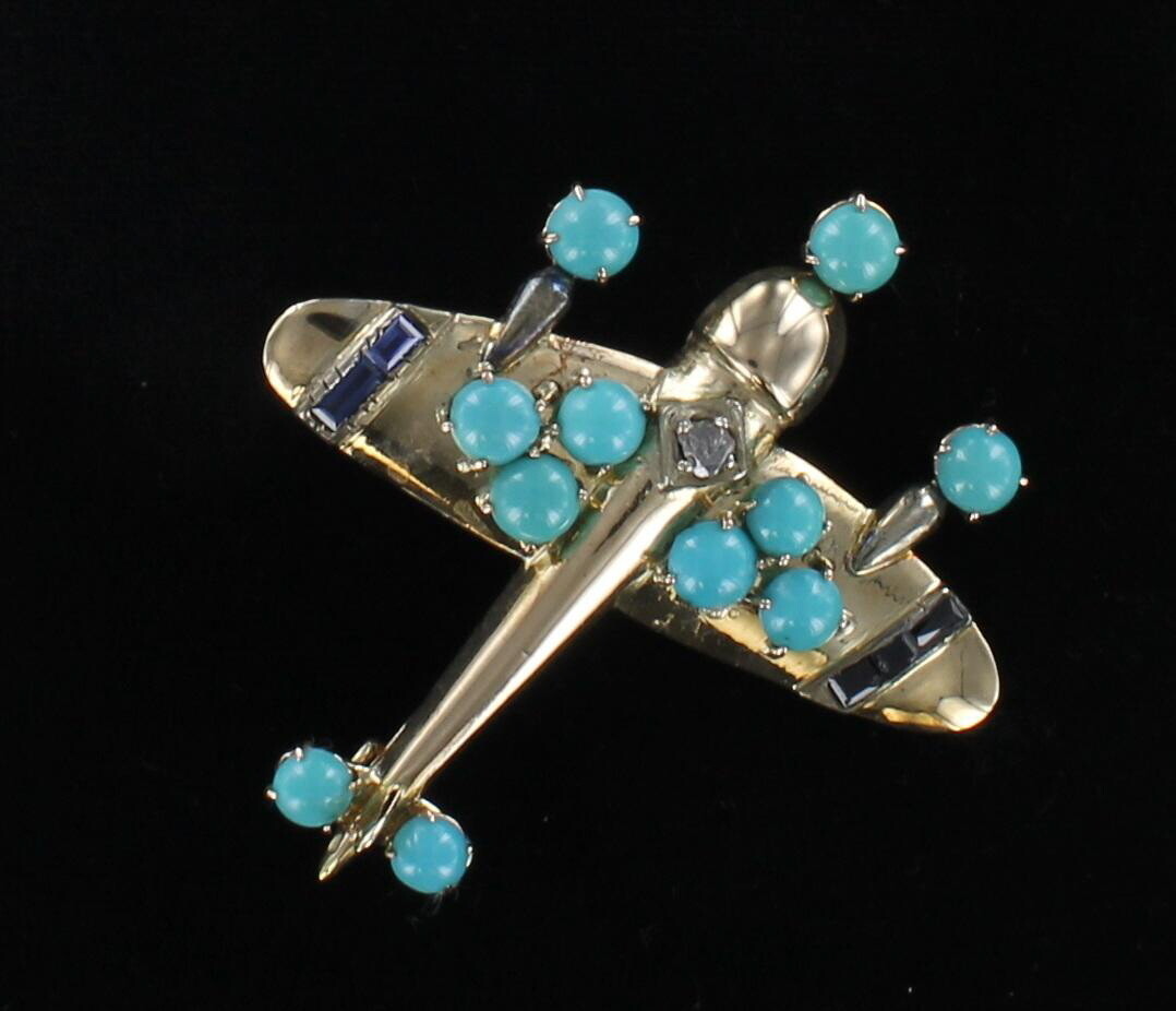14KT TURQUOISE AIRPLANE PIN WITH SAPPHIRES AND DIAMOND