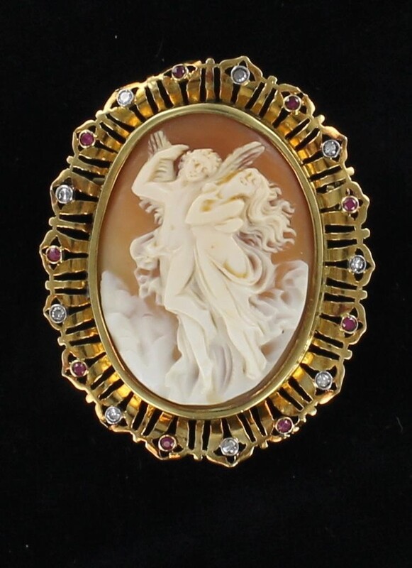 14KTY CAMEO PIN/PENDANT WITH RUBIES AND DIAMONDS CIRCA 1930