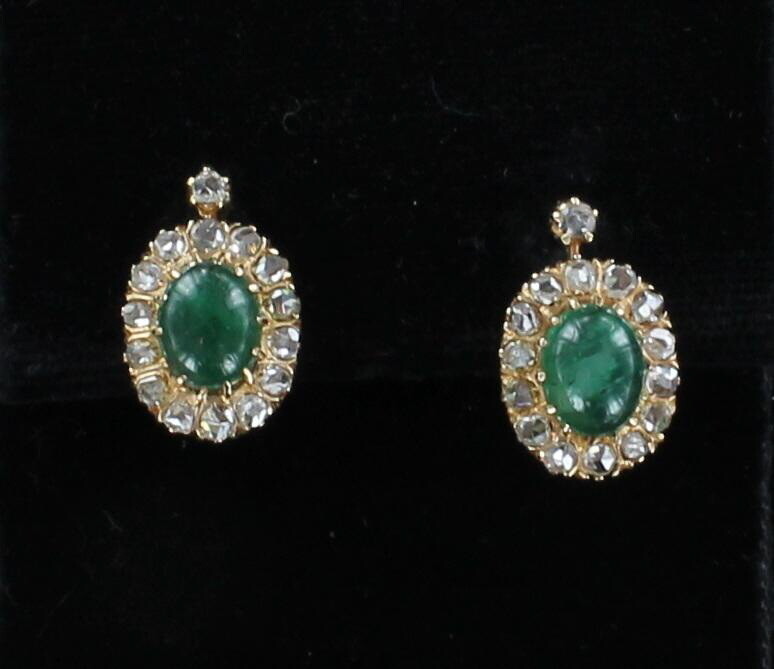 14KT CABOCHON EMERALD WITH 1.0 CT TW ROSE CUT DIAMOND EARRINGS CIRCA 1900