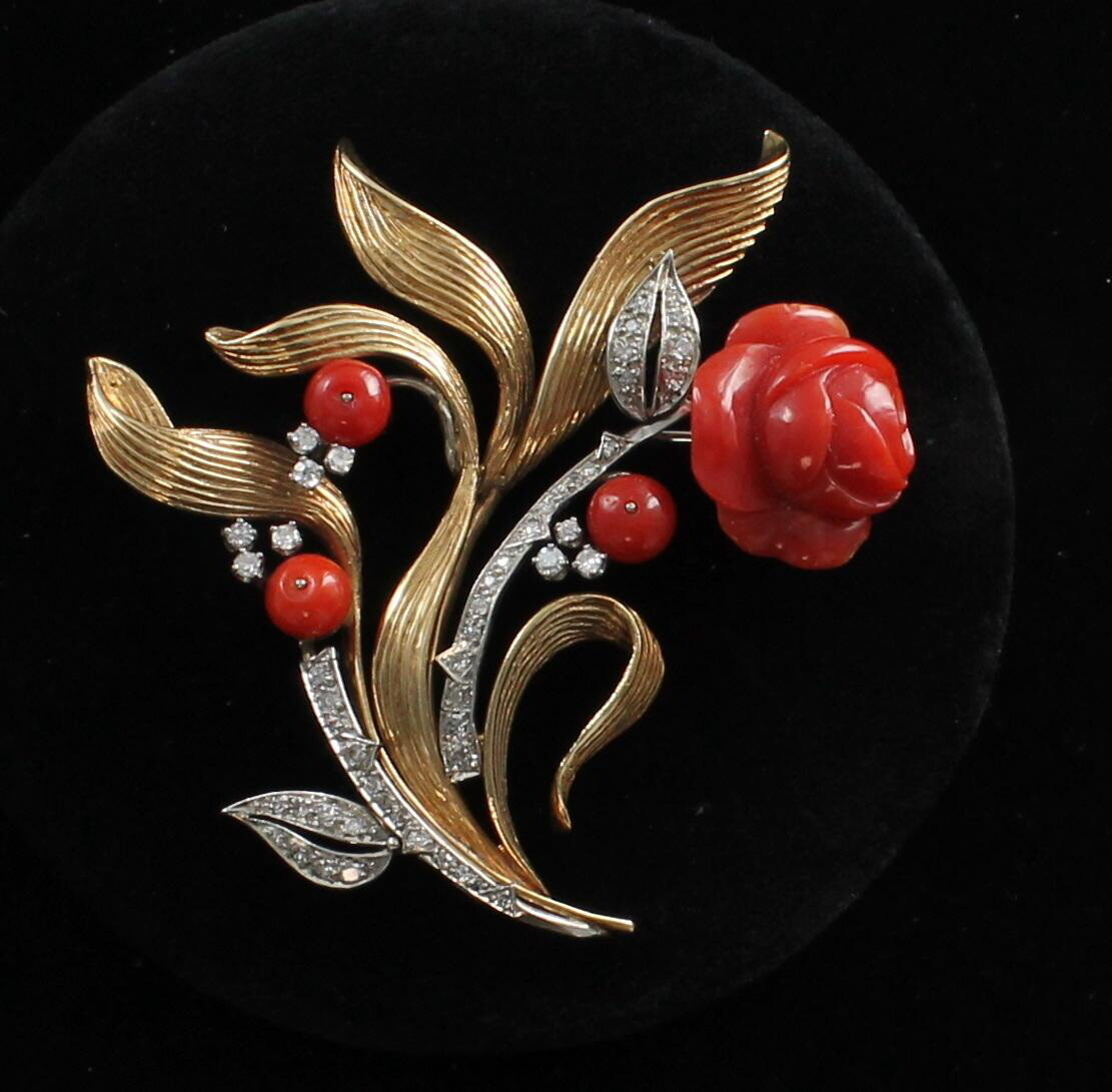 14KT RED CORAL AND DIAMOND PIN CIRCA 1930