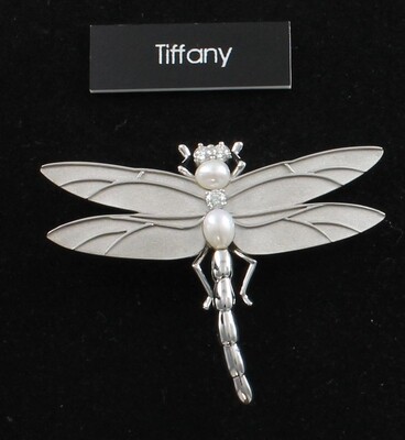 18KT WHITE GOLD TIFFANY DRAGON FLY PIN WITH DIAMONDS AND PEARLS