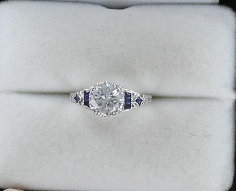 14KT EGL CERTIFIED 1.54 CT ROUND BRILLIANT DIAMOND AND SAPPHIRE ART DECO ENGAGEMENT RING