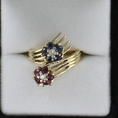14KT SAPPHIRE AND RUBY FLOWER RING