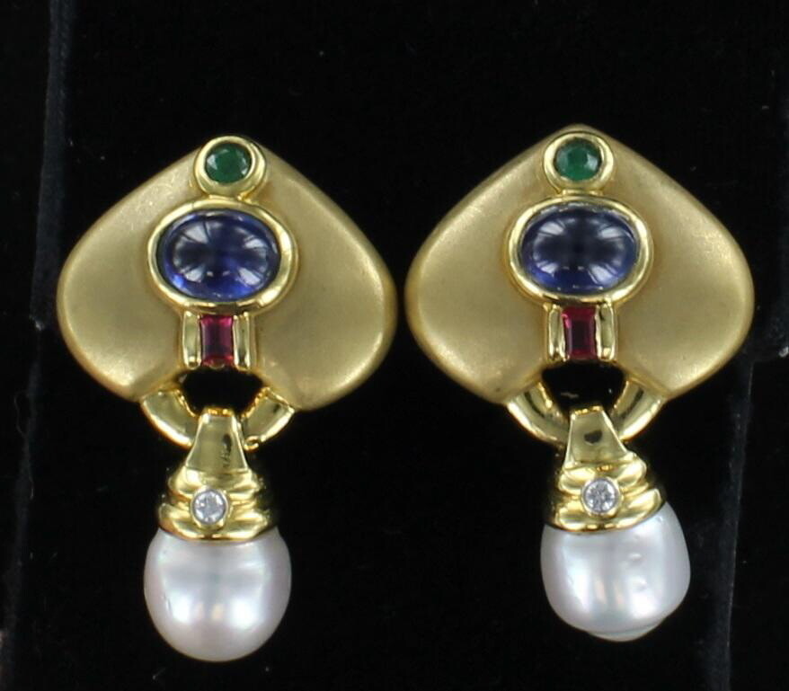 18KTY CABICHON SAPPHIRE, EMERALD, RUBY AND PEARL EARRINGS
