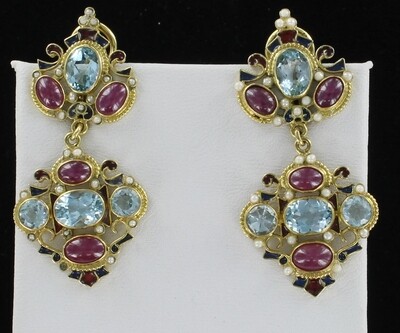 18KT AQUAMARINE, RUBY AND PEARL EARRINGS 18KT AQUAMARINE, RUBY AND PEARL EARRINGS