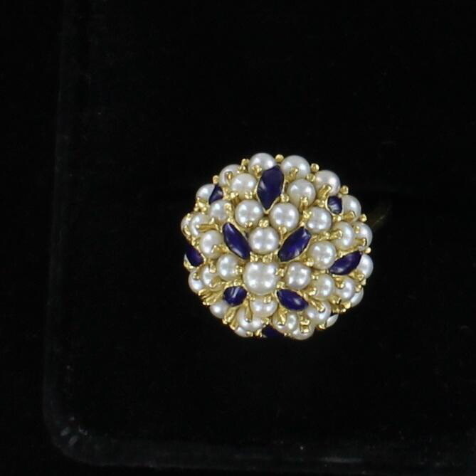 18KTY PEARL AND BLUE ENAMEL RING