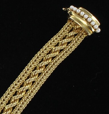 18KTY WOVEN BRACELET WITH PEARLS, 110.9G