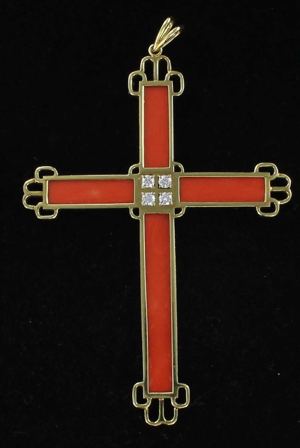 18KTY CORAL CROSS WITH DIAMOND