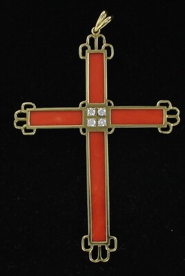 18KTY CORAL CROSS WITH DIAMOND