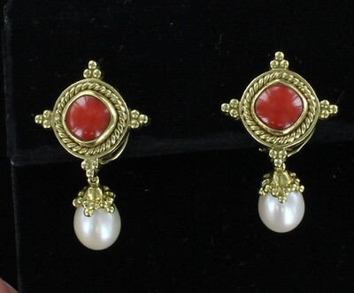 18KTY CORAL WITH PEARL EARRINGS