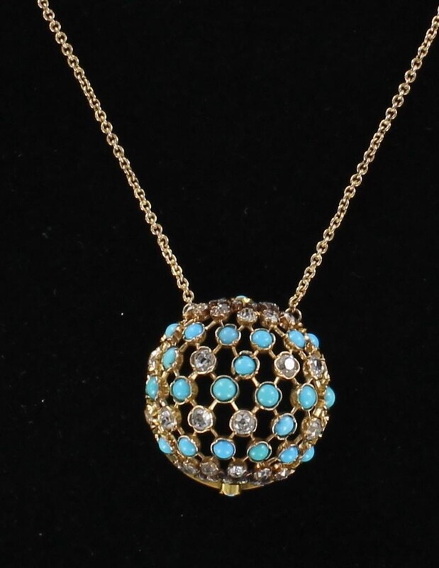14KT TURQUOISE AND ROSE CUT DIAMOND PENDANT CIRCA 1930