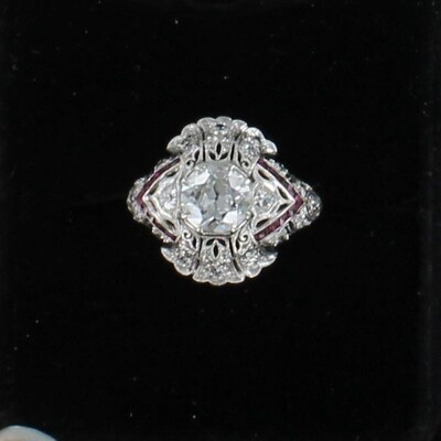 PLATINUM DIAMOND RUBY FILAGREE RING, CA 1920
