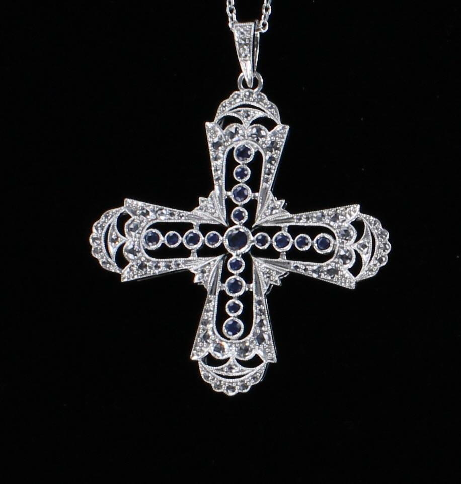14KT CROSS WITH SAPPHIRES AND DIAMONDS