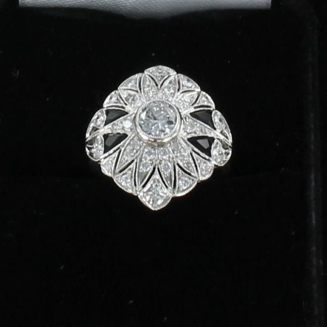 PLATINUM DIAMOND AND ONYX RING