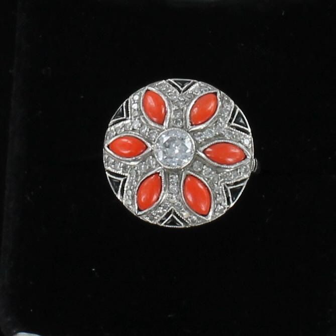 PLATINUM DIAMOND, CORAL AND ONYX RING