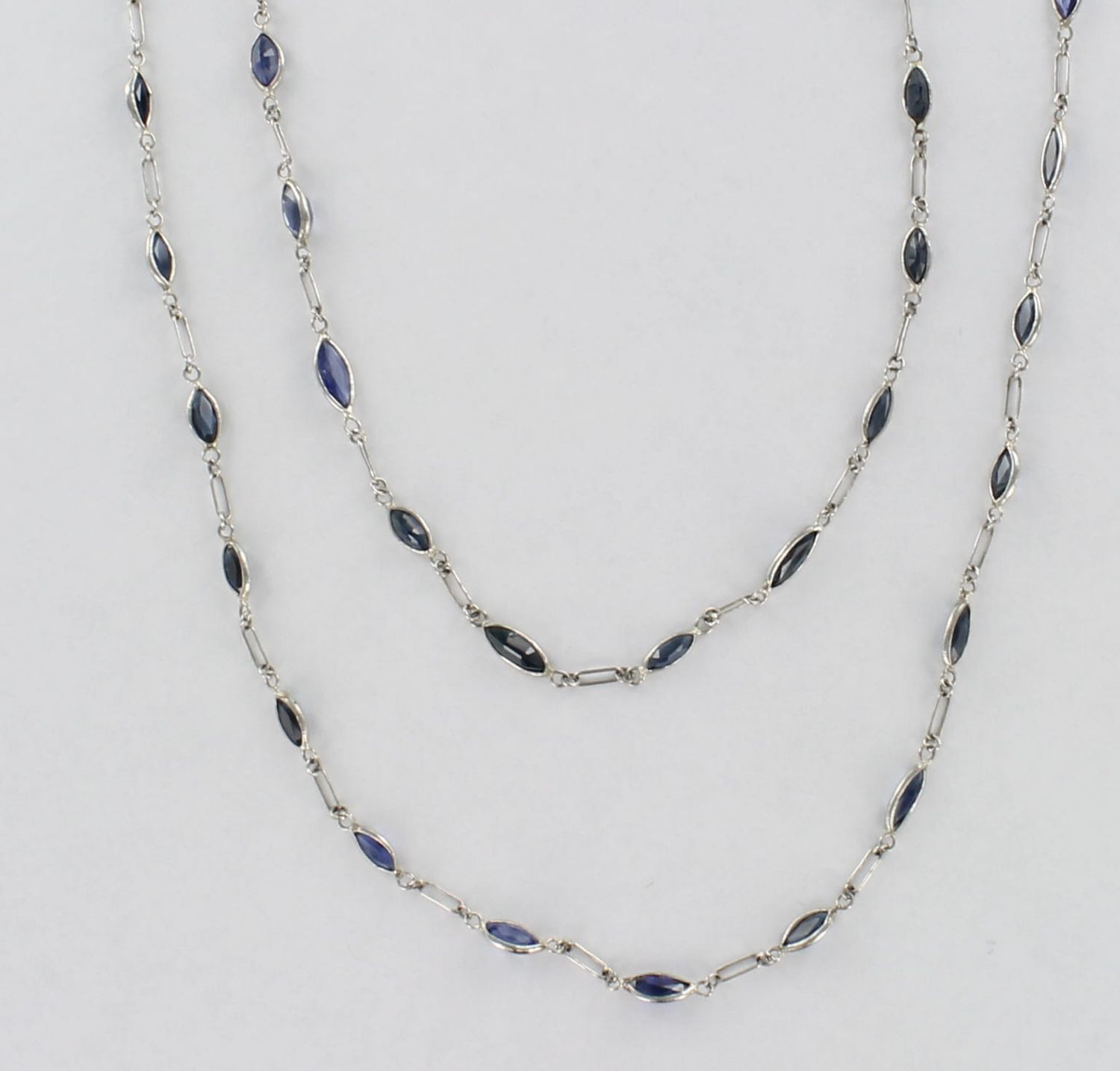 PLATINUM SAPPHIRE CHAIN, 39 INCHES, CA 1920