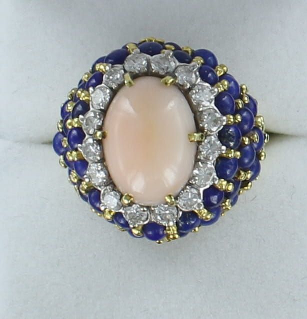 18KTY ANGEL SKIN CORAL, DIAMOND AND LAPIS RING