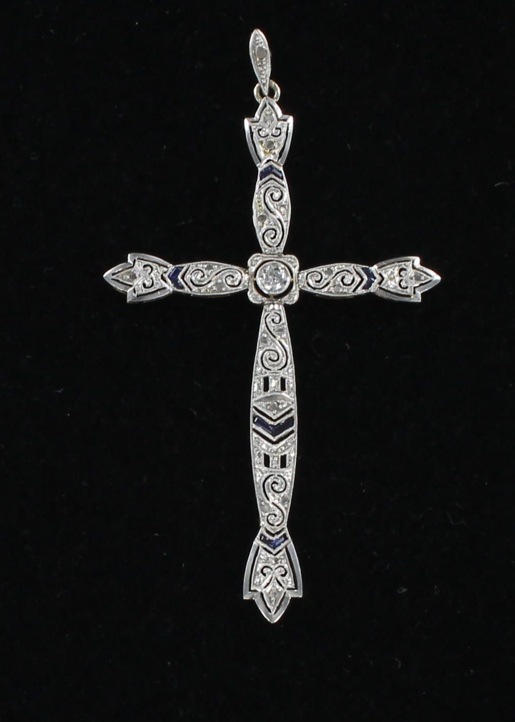 PLATINUM/18KTY DIAMOND SAPPHIRE FILAGREE CROSS CIRCA 1920