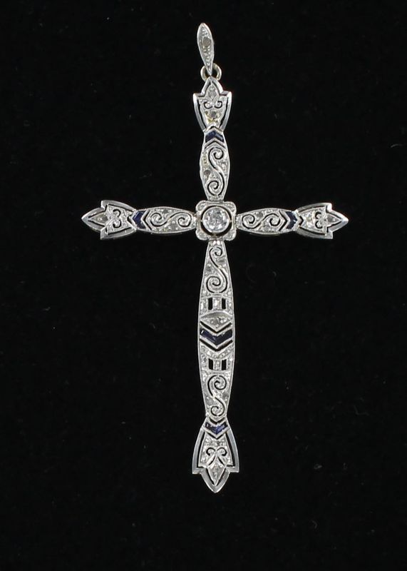 PLATINUM/18KTY DIAMOND SAPPHIRE FILAGREE CROSS CIRCA 1920