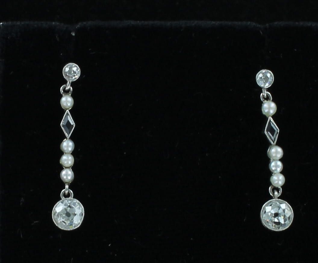 PLATINUM/18KTY .50 CT TW OLD EUROPEAN CUT DIAMOND, PEARL AND SAPPHIRE EARRING, CA 1910