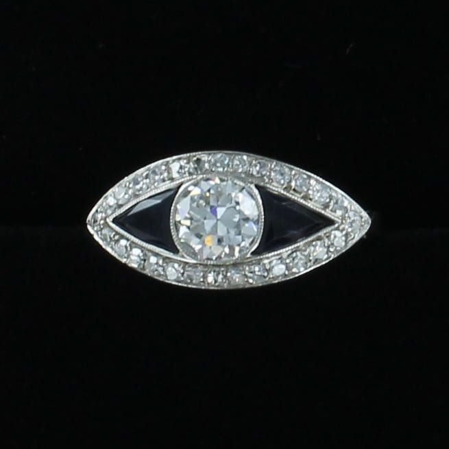 PLATINUM ART DECO .80 CT ROUND DIAMOND WITH SAPPHIRE RING