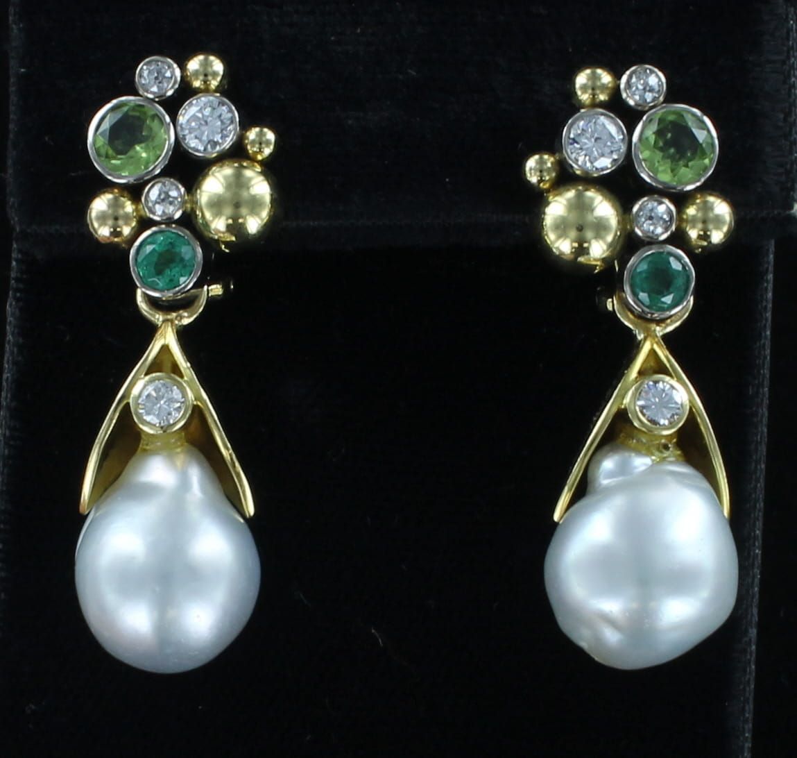 18KTY PEARL, PERIDOT, EMERALD AND DIAMOND EARRING