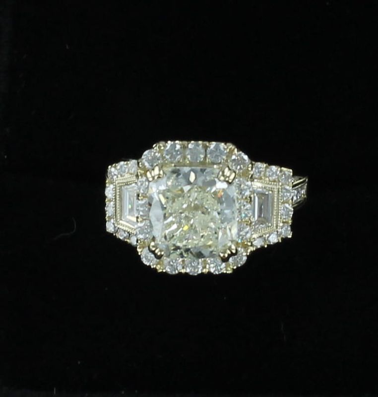 14KTY 4.02 CT CUSHION CUT DIAMOND WITH 1.62 CT TW DIAMOND ENGAGEMENT RING, EGL CERTIFIED
