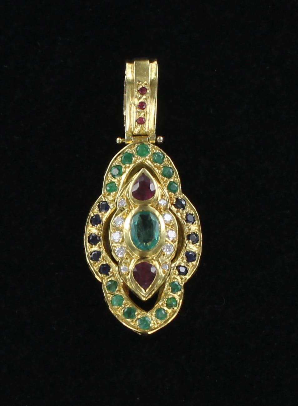 18KTY EMERALD, RUBY, SAPPHIRE AND DIAMOND PENDANT