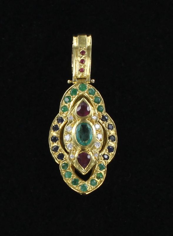 18KTY EMERALD, RUBY, SAPPHIRE AND DIAMOND PENDANT