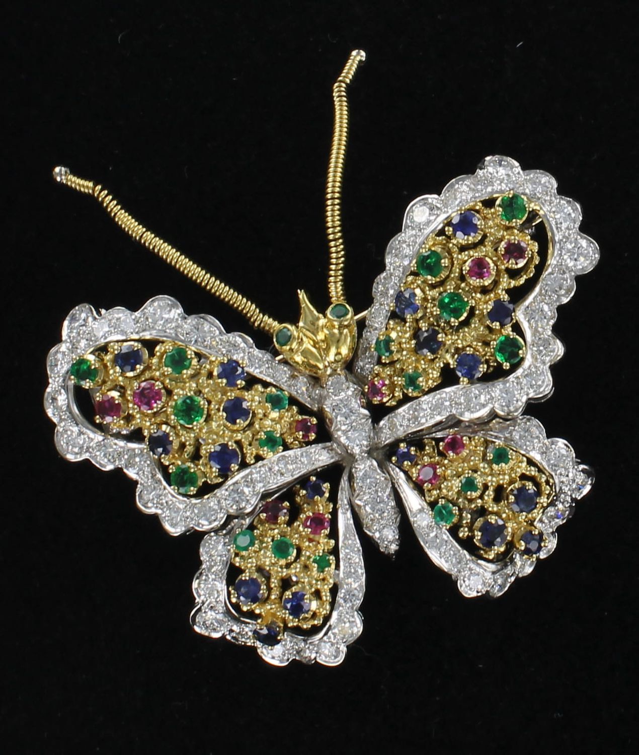18KTY SAPPHIRE, EMERALD, RUBY AND DIAMOND BUTTERFLY PIN