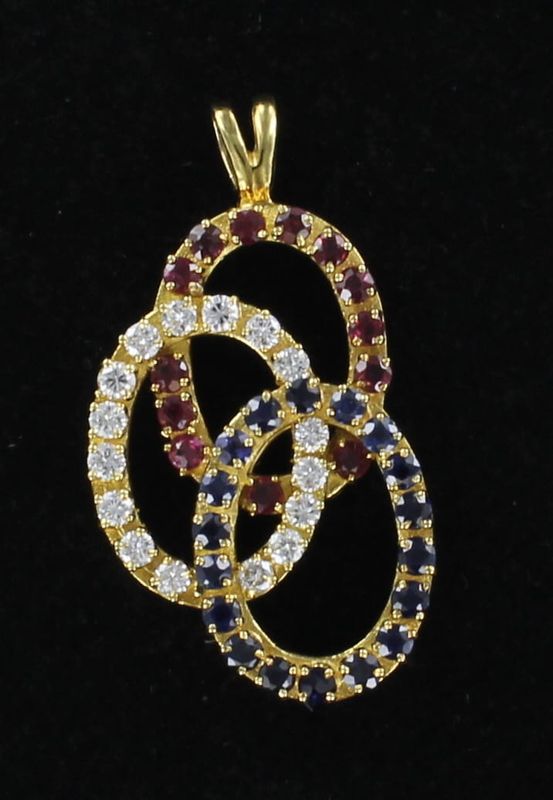 18KTY SAPPHIRE, RUBY AND DIAMOND PENDANT