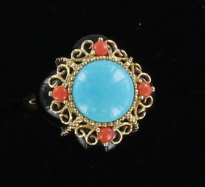 14KTY ONYX, TURQUOISE AND CORAL RING