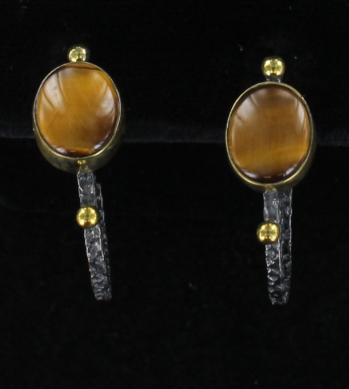 SILVER/BRONZE TIGERS EYE HOOP EARRINGS