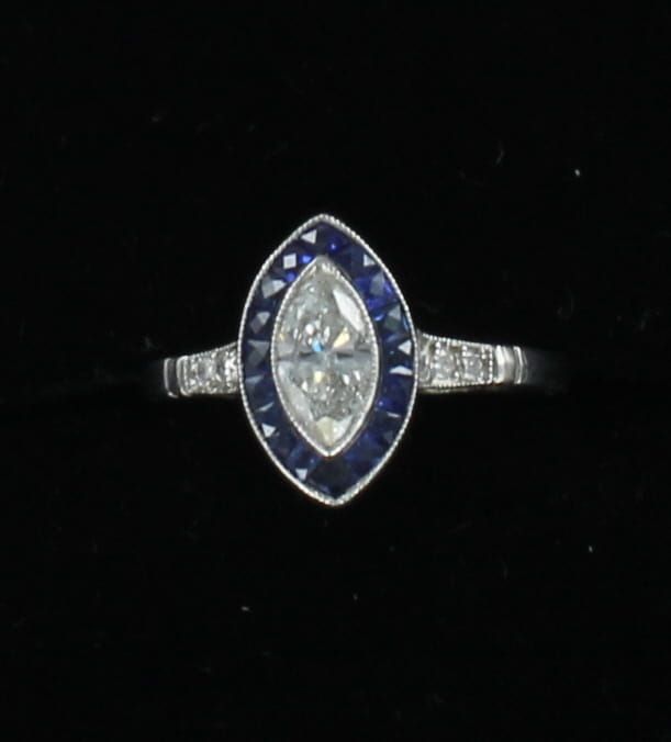 PLATINUM .51 CT MARQUISE CUT DIAMOND SAPPHIRE ENGAGEMENT RING