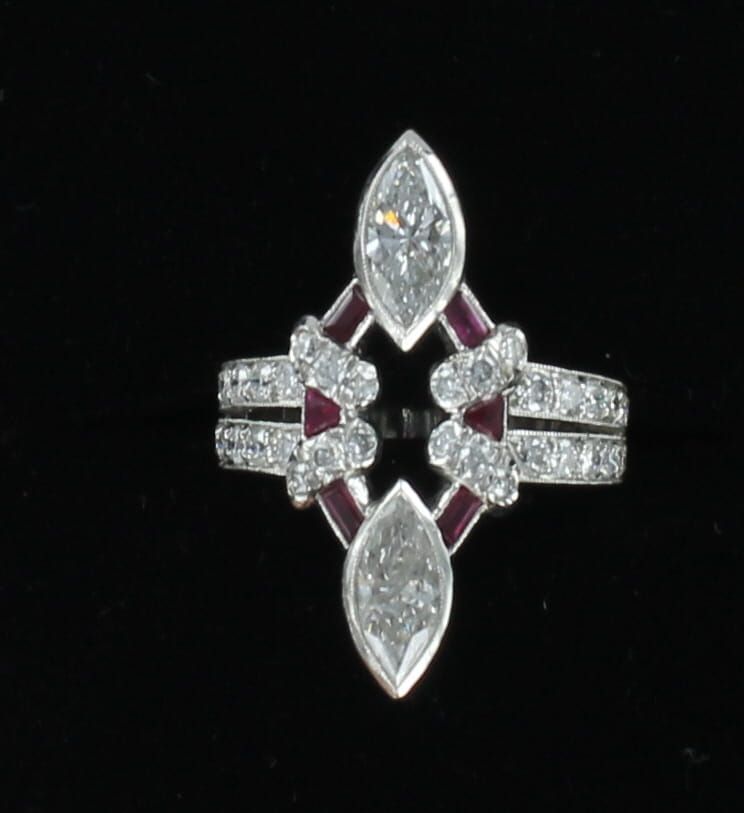 PLATINUM 1.5 CT TW MARQUISE CUT DIAMOND WITH RUBY RING