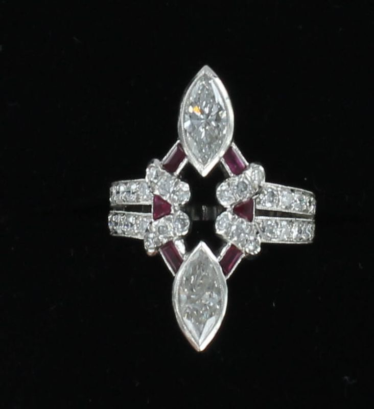 PLATINUM 1.5 CT TW MARQUISE CUT DIAMOND WITH RUBY RING