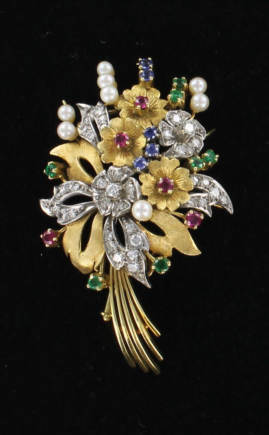 18KTY PEARL, DIAMOND, RUBY, SAPPHIRE AND EMERALD FLOWER PIN